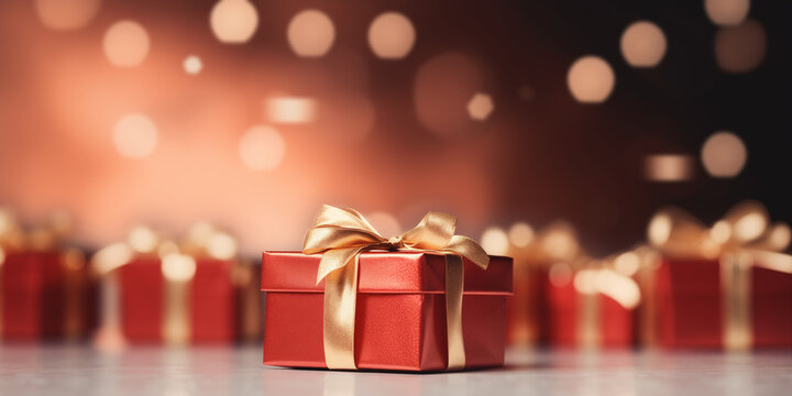 Close up of red gift boxes with golden ribbon bow tag over blurred bokeh background with lights. Christmas decor. Greeting festive image. Copy space generated by AI.