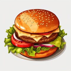 A cheeseburger with lettuce, tomato, and onion on a sesame seed bun