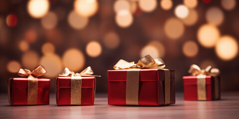 Close up of red gift boxes with golden ribbon bow tag over blurred bokeh background with lights. Christmas decor. Greeting festive image. Copy space generated by AI.