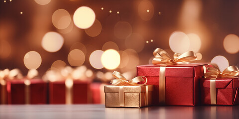Close up of red gift boxes with golden ribbon bow tag over blurred bokeh background with lights. Christmas decor. Greeting festive image. Copy space generated by AI.