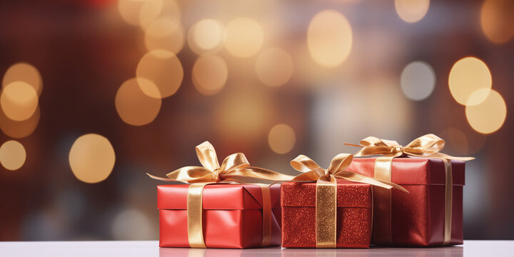 Close up of red gift boxes with golden ribbon bow tag over blurred bokeh background with lights. Christmas decor. Greeting festive image. Copy space generated by AI.