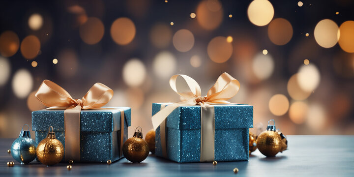 Close up of blue gift boxes with golden ribbon bow tag over blurred bokeh background with lights. Christmas decor. Greeting festive image. Copy space generated by AI.