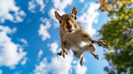 Under the blue sky and white clouds, little squirrels jump from high altitude