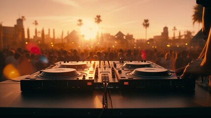 City at sunset, Dj mixing music, DJ Hands creating and regulating music on dj console mixer in...