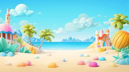 Fototapeta na wymiar 3d cute cartoon summer beach vacation banner cover illustration