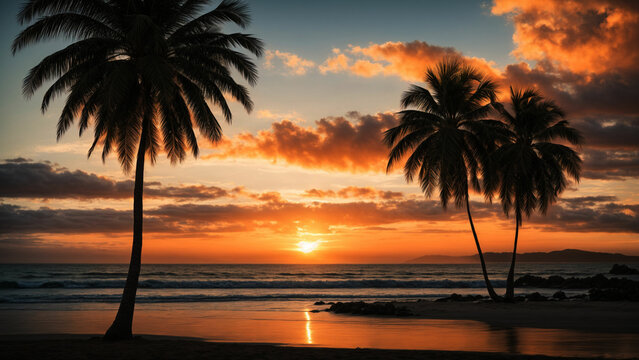a visual symphony with your beach sunset palm photo the harmony of colors in the sky, the silhouette of palm fronds, and the natural beauty of the surroundings