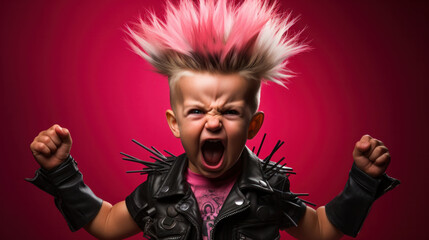 Energetic child with pink mohawk, rocking a 90s punk look. Vibrant, dynamic expression of youth. - obrazy, fototapety, plakaty