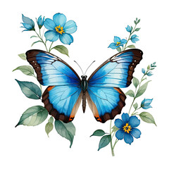 Watercolor Clipart Blue Morpho Butterfly on Blue Flower