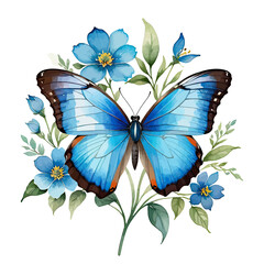 Clipart Watercolor Blue Morpho Butterfly on Blue Flower