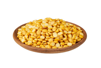 pile of split bengal gram or chana dal isolated on white background. split bengal gram food in wood...