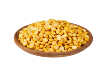 pile of split bengal gram or chana dal isolated on white background. split bengal gram food in wood bowl