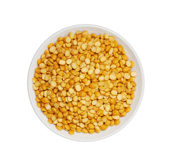 top view flat lay pile of split bengal gram or chana dal isolated on white background. split bengal gram food in bowl