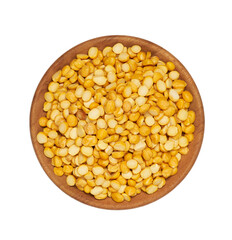 top view flat lay pile of split bengal gram or chana dal isolated on white background. split bengal gram food in wood bowl