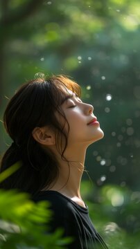 Asian young woman, relax, smile, eyes closed, inhale fresh air, expression air in forest