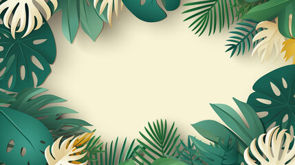 Fototapeta na wymiar banner with exotic jungle tropical palm leaves. summer background with cream background