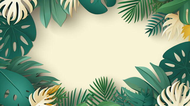 banner with exotic jungle tropical palm leaves. summer background with cream background