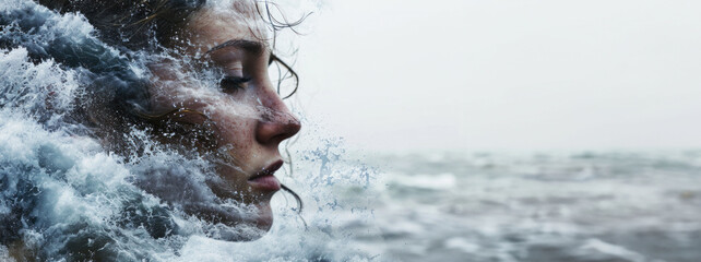 Woman's face merging with crashing waves, a metaphor for emotional turmoil. - obrazy, fototapety, plakaty