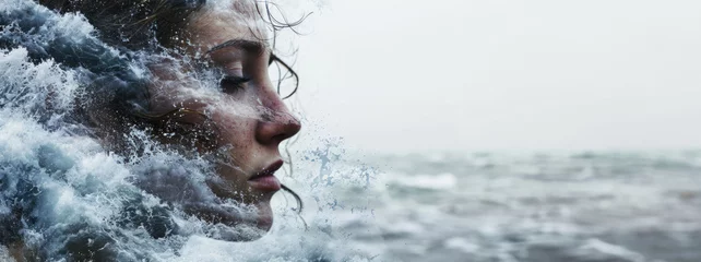 Fotobehang Woman's face merging with crashing waves, a metaphor for emotional turmoil. © Liana