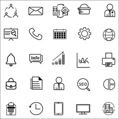 set of 20  office and workplase icon in line art. business, team, employe, email, contact us, graph , leader