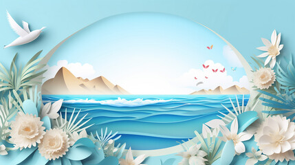 Fototapeta na wymiar illustration of travel in holiday summer season sunlight circle concept. paper cut style