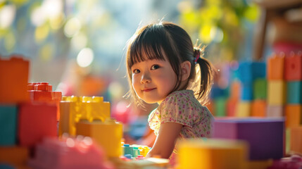  Young girl building with blocks, the essence of creative childhood play.