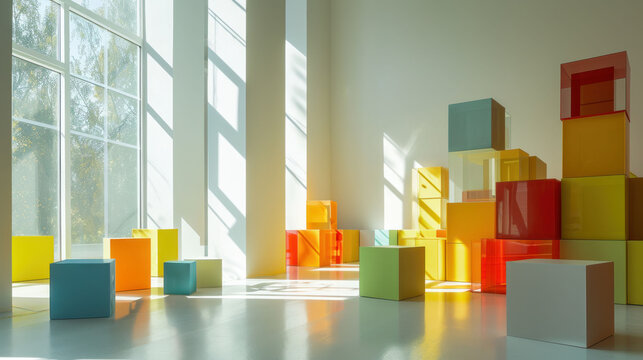Colorful toy blocks are illuminated by natural light in a spacious room, creating a landscape of shapes and shadows, a playground for imagination.