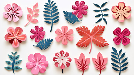 set of cartoon tropical leafs and flowers in paper cut style