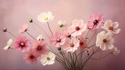 A dreamy arrangement of cosmos flowers in shades of pink, creating a soft and romantic scene on a blush background.