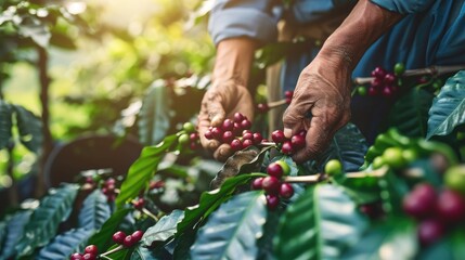Worker Harvest arabica coffee berries on its branch,Agriculture economy industry business, health food and lifestyle  - obrazy, fototapety, plakaty