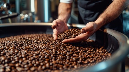 worker holding coffee beans in his hands checks the quality of coffee after it has been roasted in coffee machine  - obrazy, fototapety, plakaty