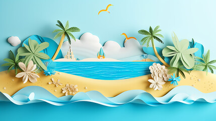 Fototapeta na wymiar summer design with paper cut beach island with summer elements in blue sky background
