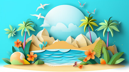 Fototapeta na wymiar design with paper cut beach island with summer elements in blue sky background