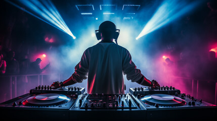 Close up of DJ hands controlling a music table in a night club, Dj and music, Dj controller with...