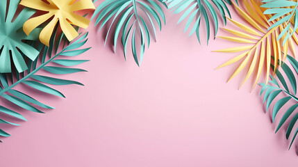 Fototapeta na wymiar tropical paper palm leaves frame. summer tropical leaf on pink background