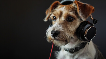 Dog listening to music using over the ear head phones.