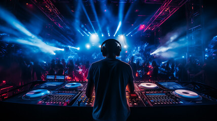 Dj in action, Close up of DJ hands controlling a music table in a night club, Dj and music, Dj controller with headphones on top of it, dj mixing music, Ai generated image 