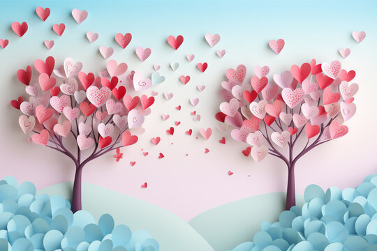 Valentine's day background with heart tree and hearts floating in pastel color by paper cutting style illustration for advertising, greeting card, invitation, posters, brochure, banner. Generative AI.