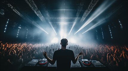 Dj mixing music in concert, dj doing cool music, Silhouette of a dancing person in a nightclub, Dj at the concert, Dj playing on stage with huge party crowd in front, Ai generated image