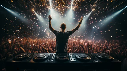 Keuken spatwand met foto Dj mixing music mixer, dj mixing music, dj at work, close-up, Silhouette of a dancing person in a nightclub, Dj at the concert, Dj playing on stage with huge party crowd in front, Ai generated image © FH Multimedia