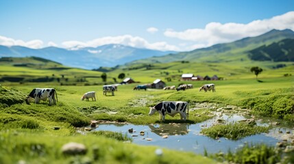 Fototapeta na wymiar Cows grazing in a lush green pasture with mountains in the distance
