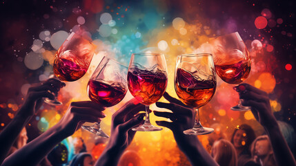 Happy friends having fun and toasting sparkling wine glasses close-up against golden bokeh lights background,  hands cheering glass of wine party, Ai generated image