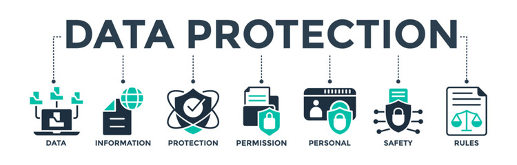 Data protection banner web icon concept with icons of data, information, protection, permission, personal, safety, and rules. Vector illustration 