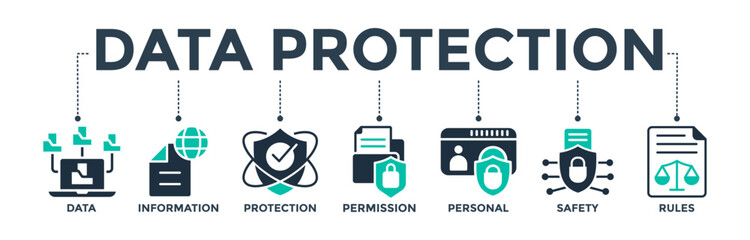 Data protection banner web icon concept with icons of data, information, protection, permission, personal, safety, and rules. Vector illustration  - obrazy, fototapety, plakaty