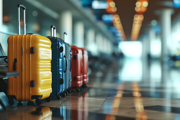 Suitcases in airport. Travel concept - obrazy, fototapety, plakaty