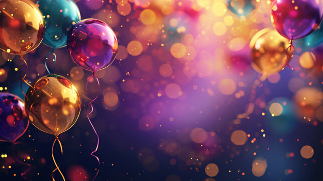 Fireworks balloons ribbon lively New Year birthday background
