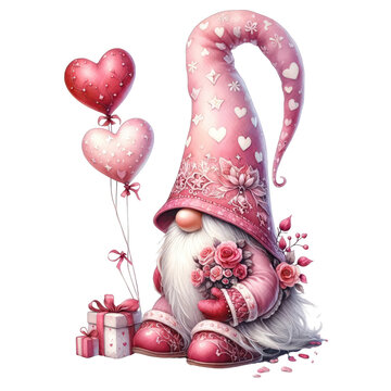 Valentines Gnome Watercolor, Cute Red and Pink Love Gnome