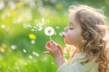 Beautiful little girl blowing dandelion in green field