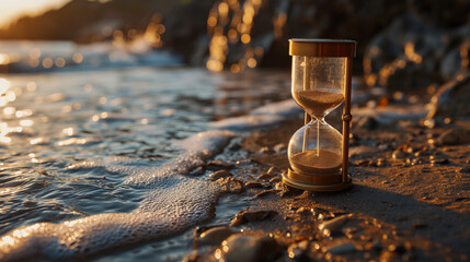 Sand hourglass on the beach during sunset hour. Concept of time running out. - obrazy, fototapety, plakaty