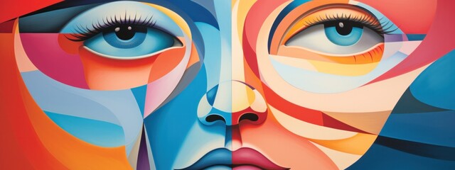 Geometric facial features in a spectrum of colors merge to create a modern, artistic representation...