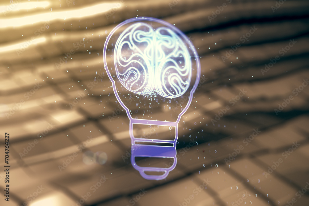 Poster double exposure of abstract virtual creative light bulb hologram with human brain on blurry metal ba